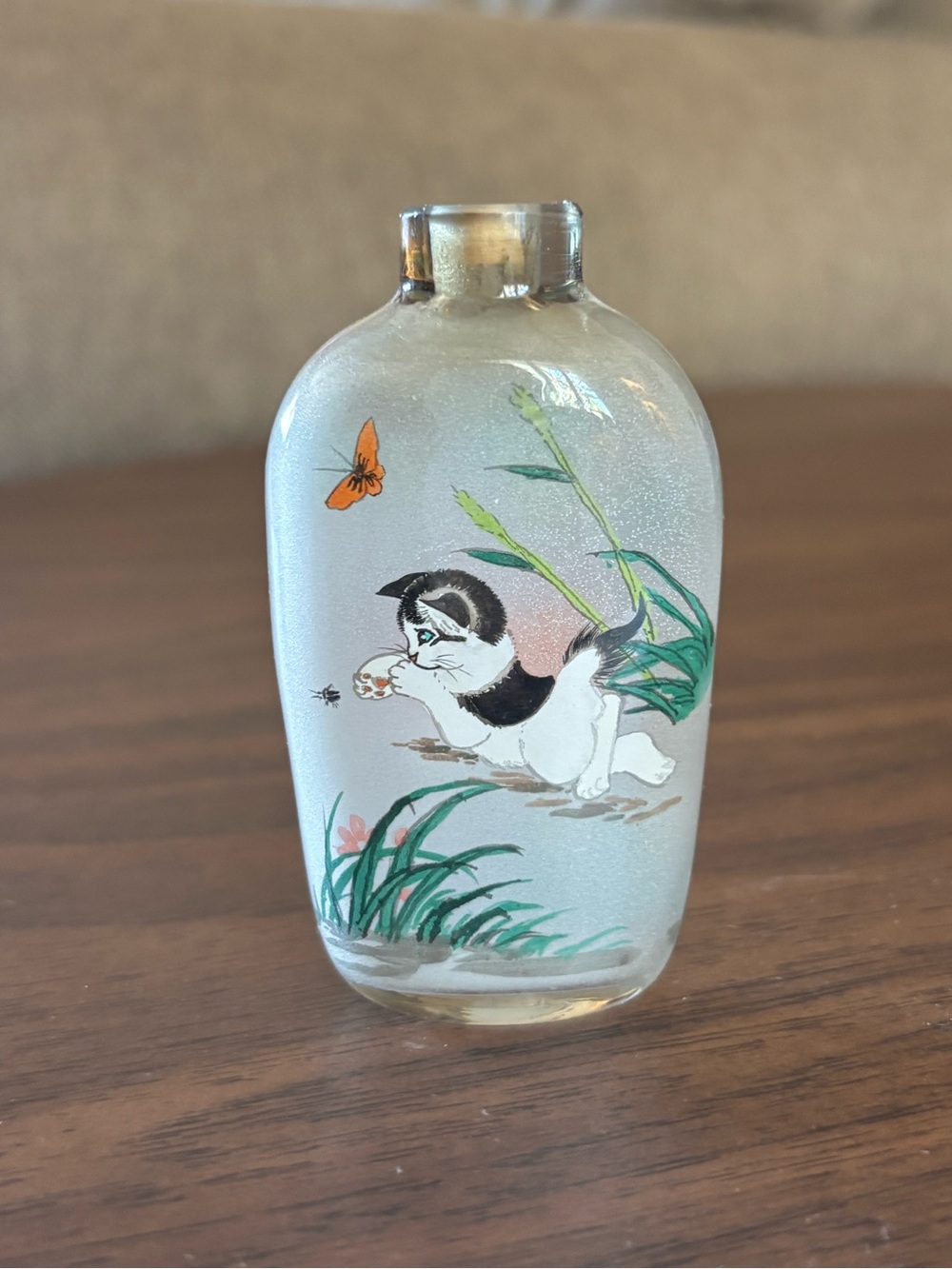 Vintage Reverse Painted Glass Cat Snuff Bottle Kitten Butterfly Bird Miniature
